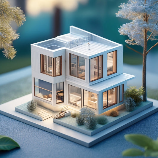 A intricate, 3D illustration of a modern house with removable, interlocking puzzle pieces, showcasing precise laser-cut joints and a minimalist, Scandinavian-inspired aesthetic.