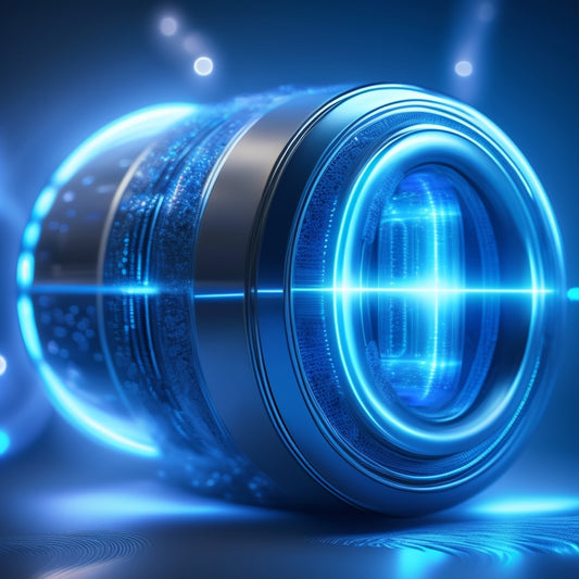 A futuristic illustration featuring a sleek, silver cylindrical battery with glowing blue circuits, surrounded by swirling waves of electricity and orbiting spheres of light, set against a dark blue background.