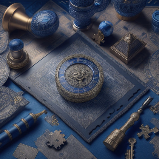 An intricate illustration of a large, ornate key unlocking a complex puzzle, surrounded by scattered papers, calculators, and a miniature globe, set against a dark blue background with subtle grid patterns.