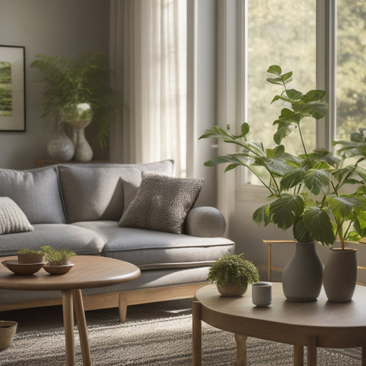 A serene, naturally-lit living room with a few, carefully-curated pieces of furniture, a single, elegant vase on a minimalist coffee table, and a few, strategically-placed potted plants.