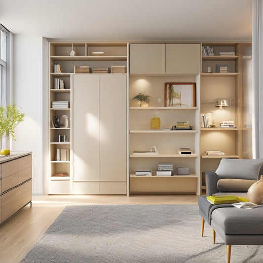 A bright, minimalist living room with a murphy bed, a compact desk, and a floor-to-ceiling bookshelf, showcasing a harmonious blend of functionality and space-saving design.