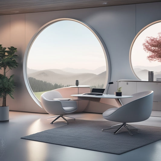 A futuristic, minimalist home office with a sleek desk, ergonomic chair, and a large, curved screen displaying a virtual whiteboard, surrounded by subtle, glowing accents and soft, pastel colors.
