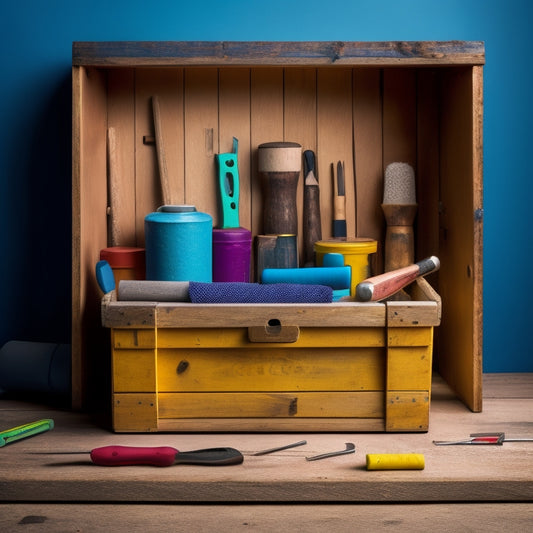 A colorful, unfinished wooden crate with a hinged lid, surrounded by scattered DIY tools and materials, including a hammer, nails, paintbrushes, and a roll of decorative paper.