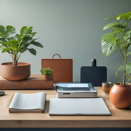A serene, minimalist background with a few, carefully arranged, decluttered items: a single, leather-bound book, a small potted plant, and a tidy, ergonomic desk with a single, modern laptop.