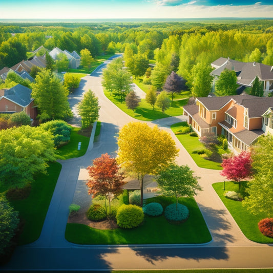 An aerial illustration of a vibrant suburban neighborhood with green spaces, mixed-use buildings, and pedestrian-friendly streets, showcasing a seamless integration of nature, community, and urban infrastructure.