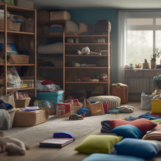 A cluttered living room with toys, books, and clothes scattered everywhere, contrasted with a tidy and organized space in the background, featuring labeled bins, a shelving unit, and a calm, serene atmosphere.