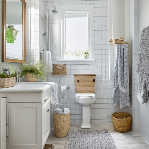 A clutter-free, modern bathroom with a pedestal sink, surrounded by clever storage solutions: a hanging shower caddy, a tiered shelf above the toilet, and a woven basket under the sink.