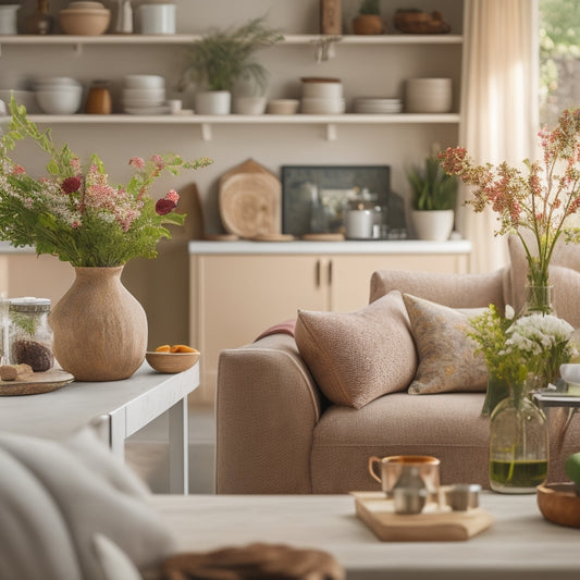 A serene, organized home interior with a warm beige couch, a vase with fresh flowers, a few cookbooks on a wooden shelf, and a tidy kitchen in the background with a few appliances and utensils.