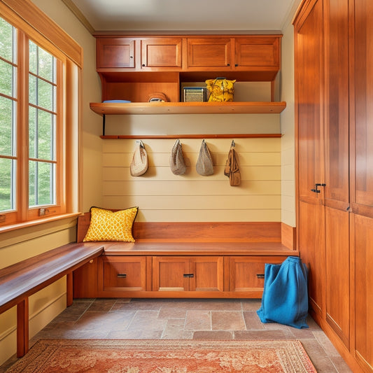 A clutter-free mudroom with custom-built cabinetry in a warm, honey-colored wood, featuring individual cubbies, hooks, and a built-in bench, illuminated by natural light pouring in through a large window.