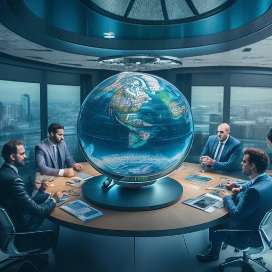 A futuristic office with a large, circular, holographic display projecting a 3D globe, surrounded by diverse employees collaborating and using tablets, amidst a subtle background of circuit boards and gears.