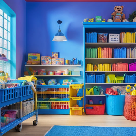 A vibrant, multi-tiered shelving unit filled with assorted, brightly colored bins, baskets, and containers, surrounded by toys, art supplies, and imaginative play materials in a clutter-free, well-lit room.