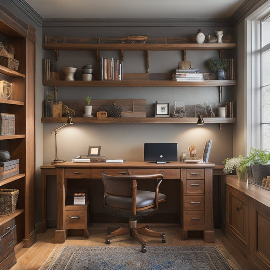 A tidy, well-lit home office with a wooden desk, surrounded by custom-built shelves and cabinets, featuring various woodworking projects, such as a pencil holder, file organizer, and wall-mounted calendar.