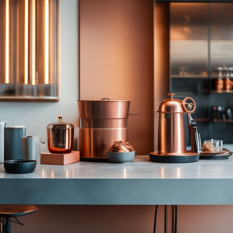A minimalist, modern coffee shop interior with sleek machines, gleaming copper accents, and a prominent, curved coffee bean display amidst a subtle, industrial-chic background.