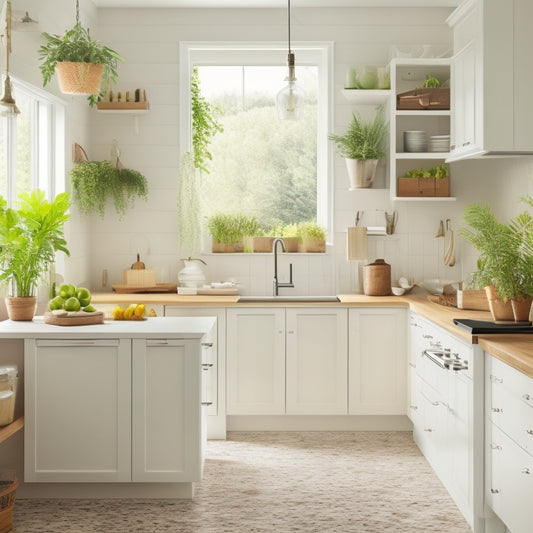 A bright, modern kitchen with crisp white cabinets, organized utensils on a pegboard, and a minimalist island with a built-in sink, surrounded by warm natural light and lush greenery.