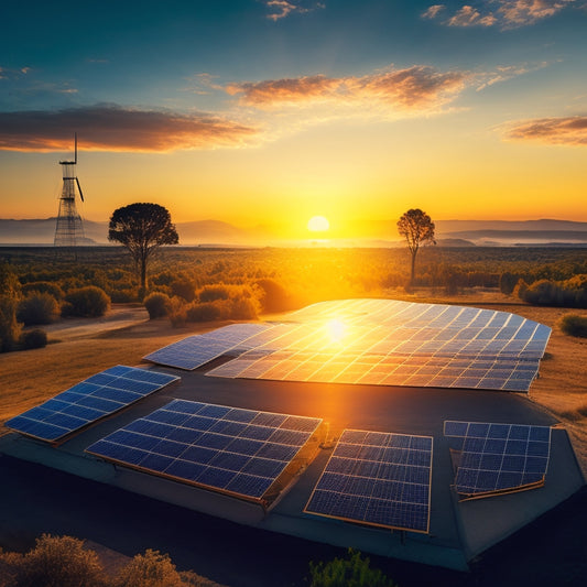 A serene, sun-lit landscape with a subtle grid of solar panels in the background, a large, glowing sun at the horizon, and a few stylized, swirling patterns suggesting energy and innovation.