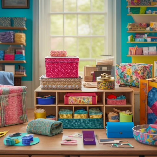 A colorful, clutter-free workspace featuring various fabric storage boxes in different shapes, sizes, and patterns, adorned with ribbons, buttons, and other embellishments, surrounded by sewing supplies and tools.