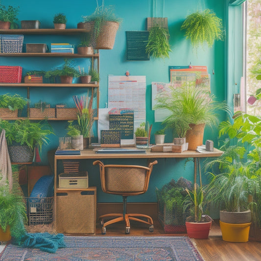 A colorful, cluttered workspace with scattered papers, pens, and office supplies, transformed into a tidy and organized area with labeled baskets, a pegboard, and a calendar, surrounded by a few thriving plants.