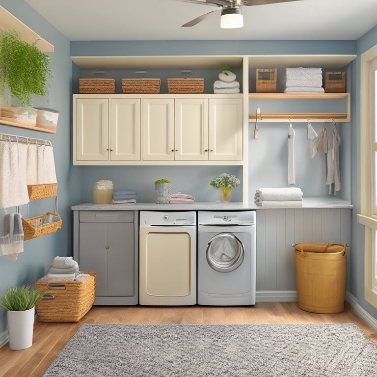 A tidy, compact laundry room with a wall-mounted folding table, stackable washer/dryer, and a pegboard with hanging bins, baskets, and hooks, surrounded by soft, calming gray walls and warm wood accents.