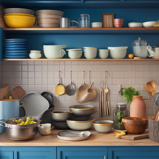 A cluttered kitchen cabinet with stacks of plates, bowls, and cookware spilling out, contrasted with a tidy cabinet in the background, featuring neatly labeled baskets, hooks, and a tablet with a digital kitchen organization app open.