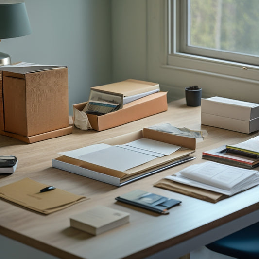 A minimalist desk with a small, sleek file organizer and a few neatly labeled folders, surrounded by discarded cardboard boxes and crumpled up instruction manuals.