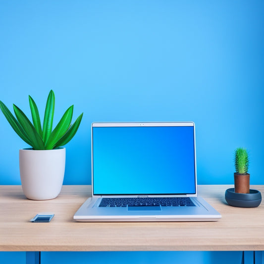 An minimalist desk with a sleek laptop, a few pens, and a small potted plant, surrounded by a subtle, gradient-blue background, with faint, digital grid lines and minimalist icons.