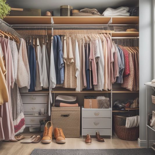 A cluttered closet with clothes scattered on the floor, tangled hangers, and overflowing shelves, contrasted with a tidy section featuring organized shelves, baskets, and a shoe rack, with a hint of natural light.
