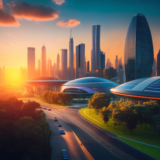 A futuristic cityscape at sunset with sleek, modern buildings integrated with solar panels, featuring a prominent skyscraper with a curved, glowing blue rooftop, surrounded by lush greenery.