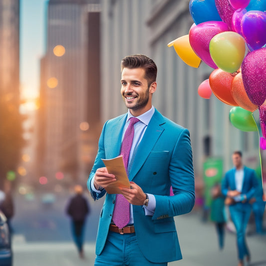 A busy entrepreneur standing in front of a cityscape, holding a stack of vibrant, eye-catching flyers, with confetti and balloons surrounding them, symbolizing business success.