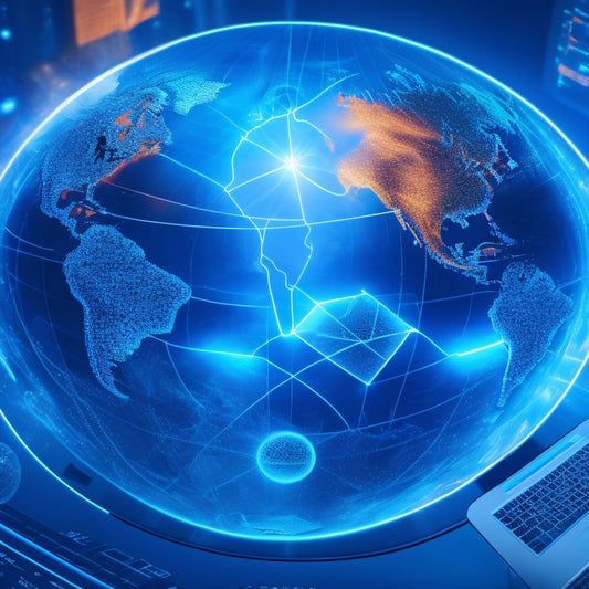 A stylized, futuristic illustration of a globe with glowing blue lines and nodes, surrounded by diverse, interconnected people engaging with laptops and tablets, amidst a subtle, circuit-board-inspired background.