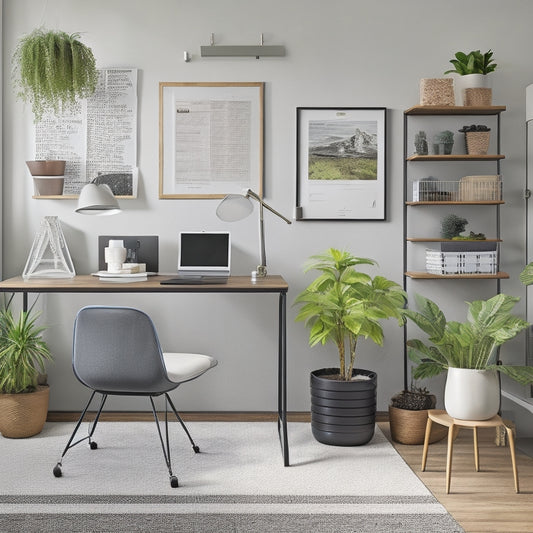 A tidy, modern workspace with a sleek desk, ergonomic chair, and a few, carefully-placed, potted plants, surrounded by neatly-labeled folders, a minimalist bulletin board, and a few, strategically-placed, storage bins.