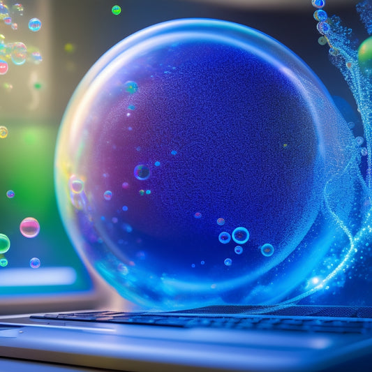 A vibrant, interconnected web of colorful bubbles and swirling lines, radiating from a central hub, surrounded by diverse, collaborative learners of all ages, with laptops and tablets open.