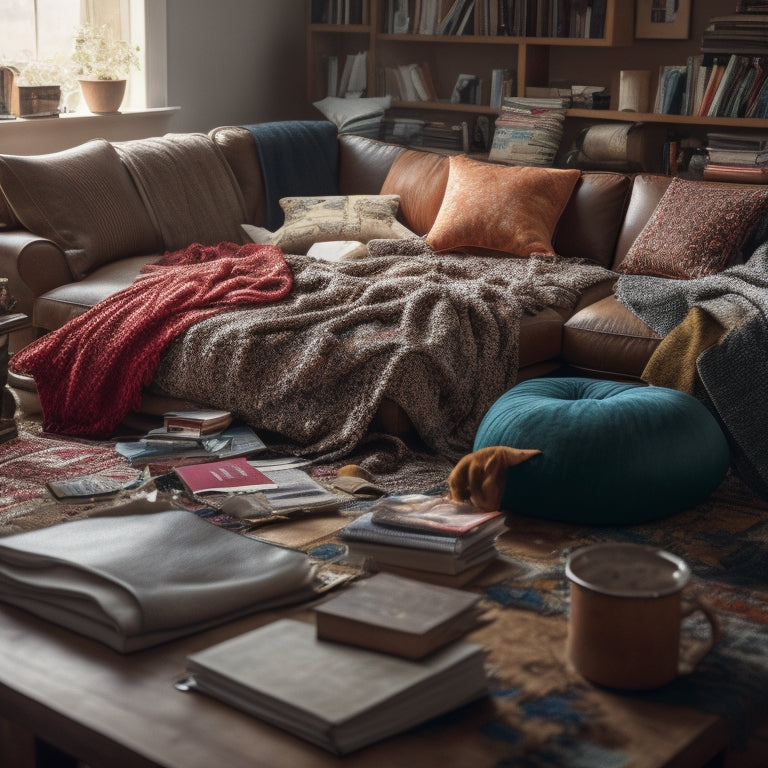 A messy living room with piles of clothes, books, and papers scattered around, a cluttered coffee table, and a worn-out couch buried under a heap of blankets and throw pillows.