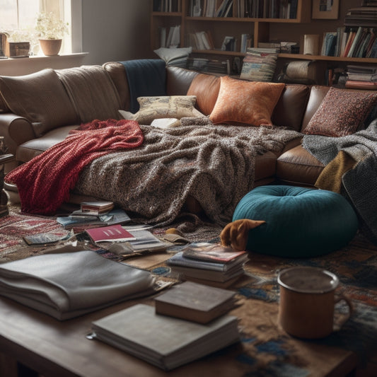 A messy living room with piles of clothes, books, and papers scattered around, a cluttered coffee table, and a worn-out couch buried under a heap of blankets and throw pillows.
