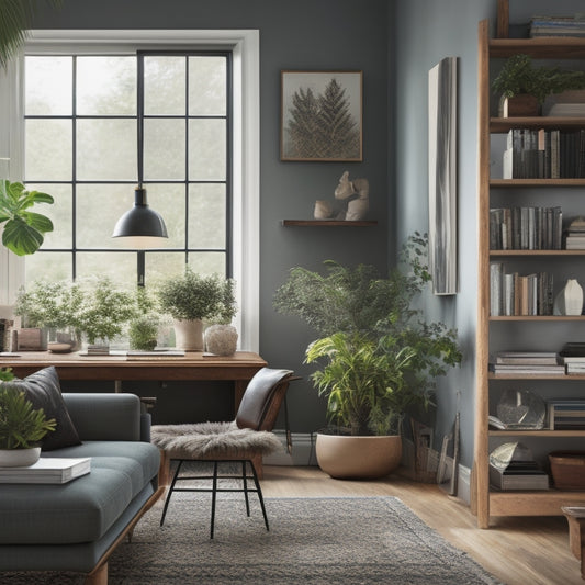 A serene, clutter-free living room with a few, carefully placed decorative objects, a minimalist desk with a small, organized workspace, and a floor-to-ceiling bookshelf with neatly arranged books and plants.