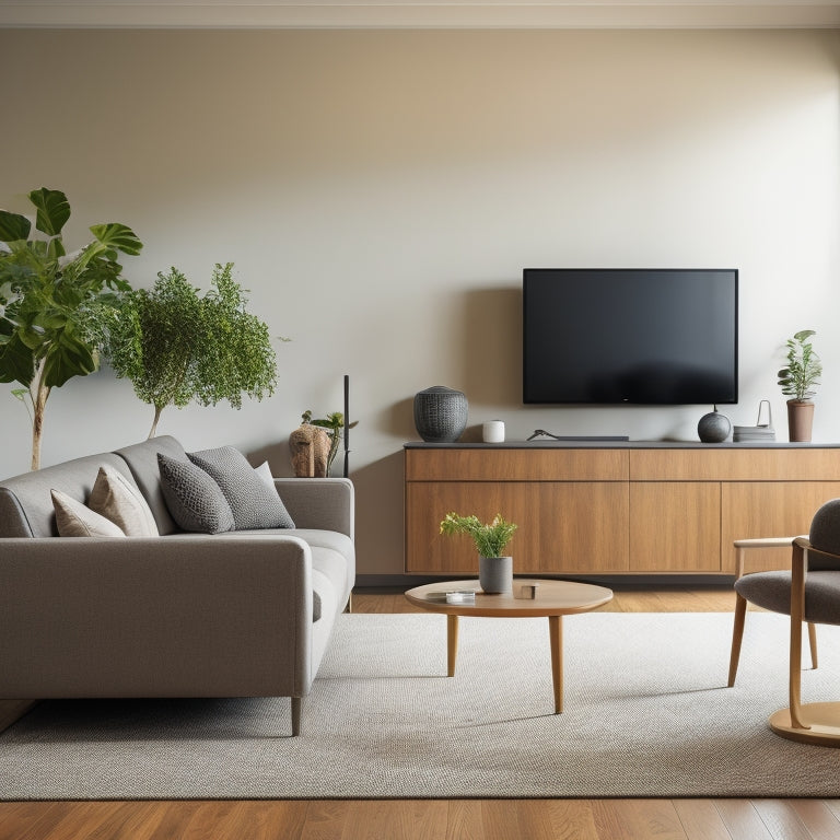 A minimalist, light-filled living room with a sleek sofa, a compact coffee table, a wall-mounted TV, and a few carefully selected decorative pieces, showcasing efficient use of space.
