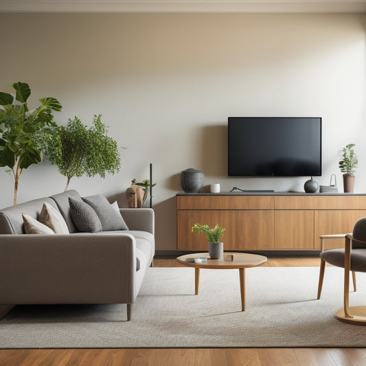 A minimalist, light-filled living room with a sleek sofa, a compact coffee table, a wall-mounted TV, and a few carefully selected decorative pieces, showcasing efficient use of space.