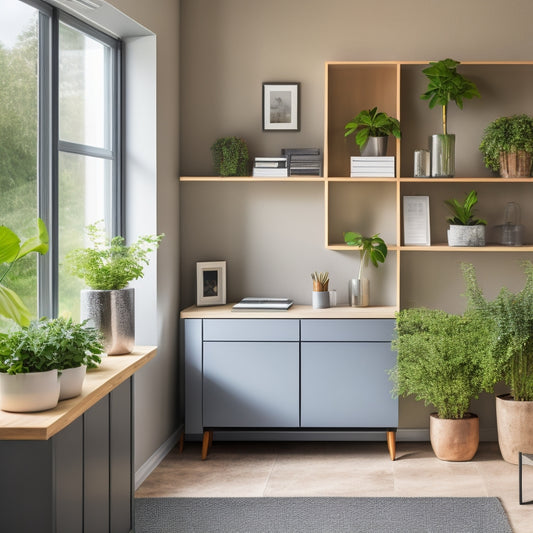 A minimalist, modern home office with a tidy desk, labeled file folders, and a wall-mounted shelf filled with neatly arranged storage bins, surrounded by a calming greenery background.