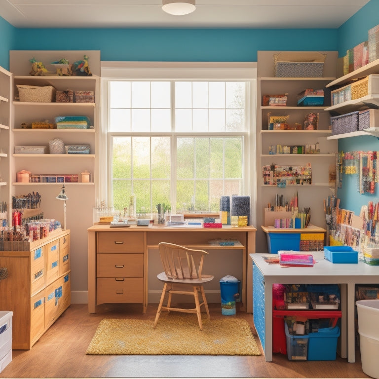 A tidy, well-lit craft room with a desk, shelves, and storage bins, featuring a laptop open to a craft supply organization website, surrounded by neatly arranged art supplies and crafting tools.