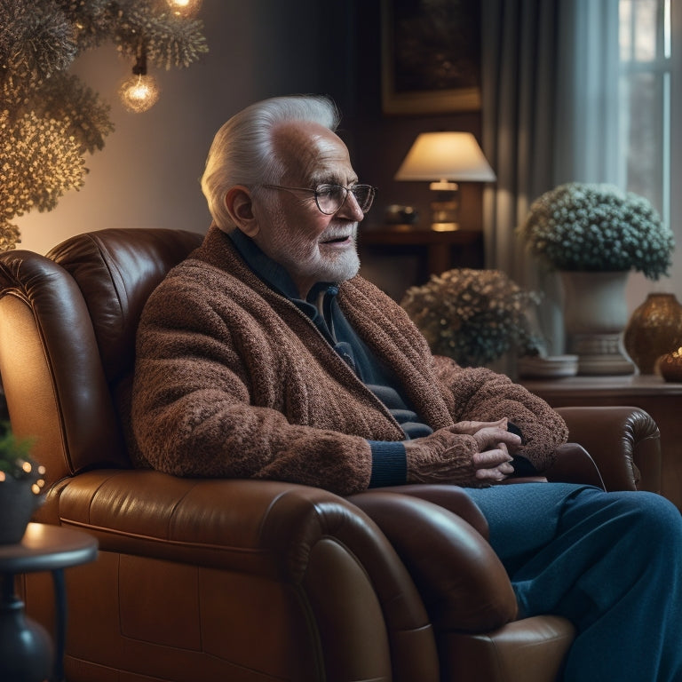 A serene, elderly person sitting in a plush, brown leather lift chair, surrounded by a cozy living room with warm lighting, soft blankets, and a calm, nature-inspired wallpaper.