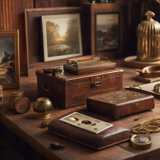 A warm, golden-lit nostalgic scene: an old wooden chest overflowing with vintage photographs, films, and cassettes, surrounded by scattered family heirlooms, with a sleek, modern tablet in the center.
