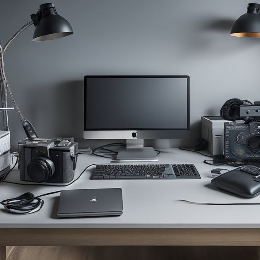 A sleek, modern desk with a silver laptop and a few scattered professional cameras, surrounded by stacked storage devices and neatly organized cables, against a clean, minimalist background.