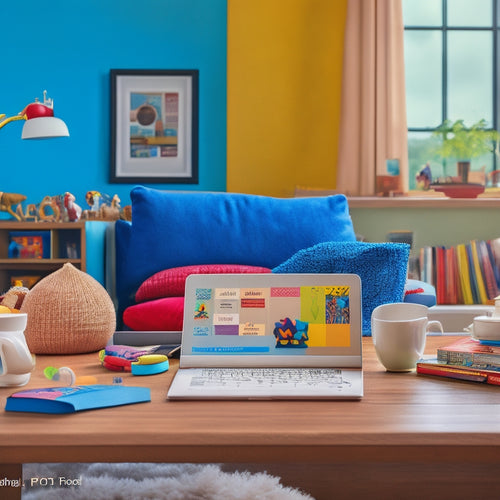 A colorful illustration of a tidy living room with a laptop on a coffee table, surrounded by organized papers and toys, with a subtle background of a family calendar and gentle household icons.