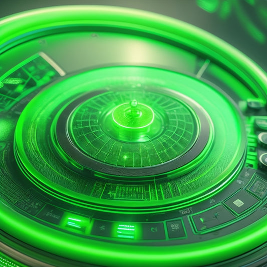 A futuristic dashboard with a green button at its center, surrounded by swirling green lines and circuits, with a subtle grid pattern in the background, and a faint glow emanating from the button.