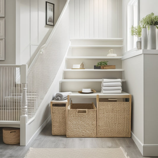 A tidy, modern under-staircase area with a sleek, white sliding drawer unit, a compact shelving system, and a few woven baskets, surrounded by a calming, light-gray background.
