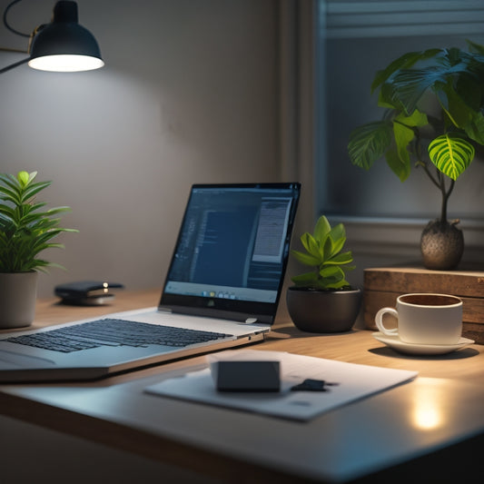 A serene, minimalist desk with a sleek laptop, a few organized papers, and a small potted plant, surrounded by a blurred background of messy cords and clutter, with a subtle, calming light glow.