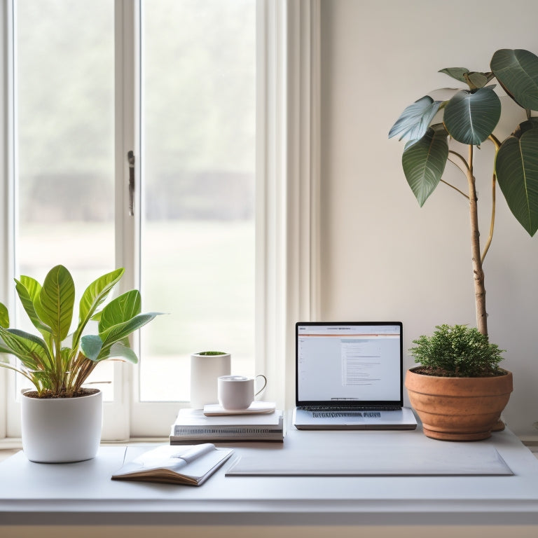 A serene minimalist workspace with a laptop, a small potted plant, and a few neatly arranged books, set against a calming white background with soft, natural light filtering in.