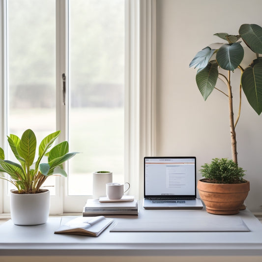 A serene minimalist workspace with a laptop, a small potted plant, and a few neatly arranged books, set against a calming white background with soft, natural light filtering in.