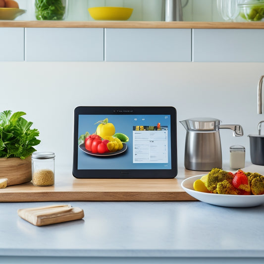 A tidy kitchen counter with a sleek tablet displaying a digital recipe, surrounded by a few neatly arranged ingredients, a utensil holder, and a minimalist kitchen scale, set against a clean white background.