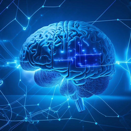 A futuristic brain with glowing blue neurons and circuits, surrounded by swirling clouds of code and lightbulbs, with a subtle matrix of 1s and 0s in the background.