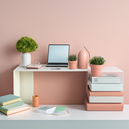A tidy, minimalist workspace with a laptop, a few neatly arranged books, and a small, labeled storage bin on a compact desk, surrounded by a calm, pastel-colored background.